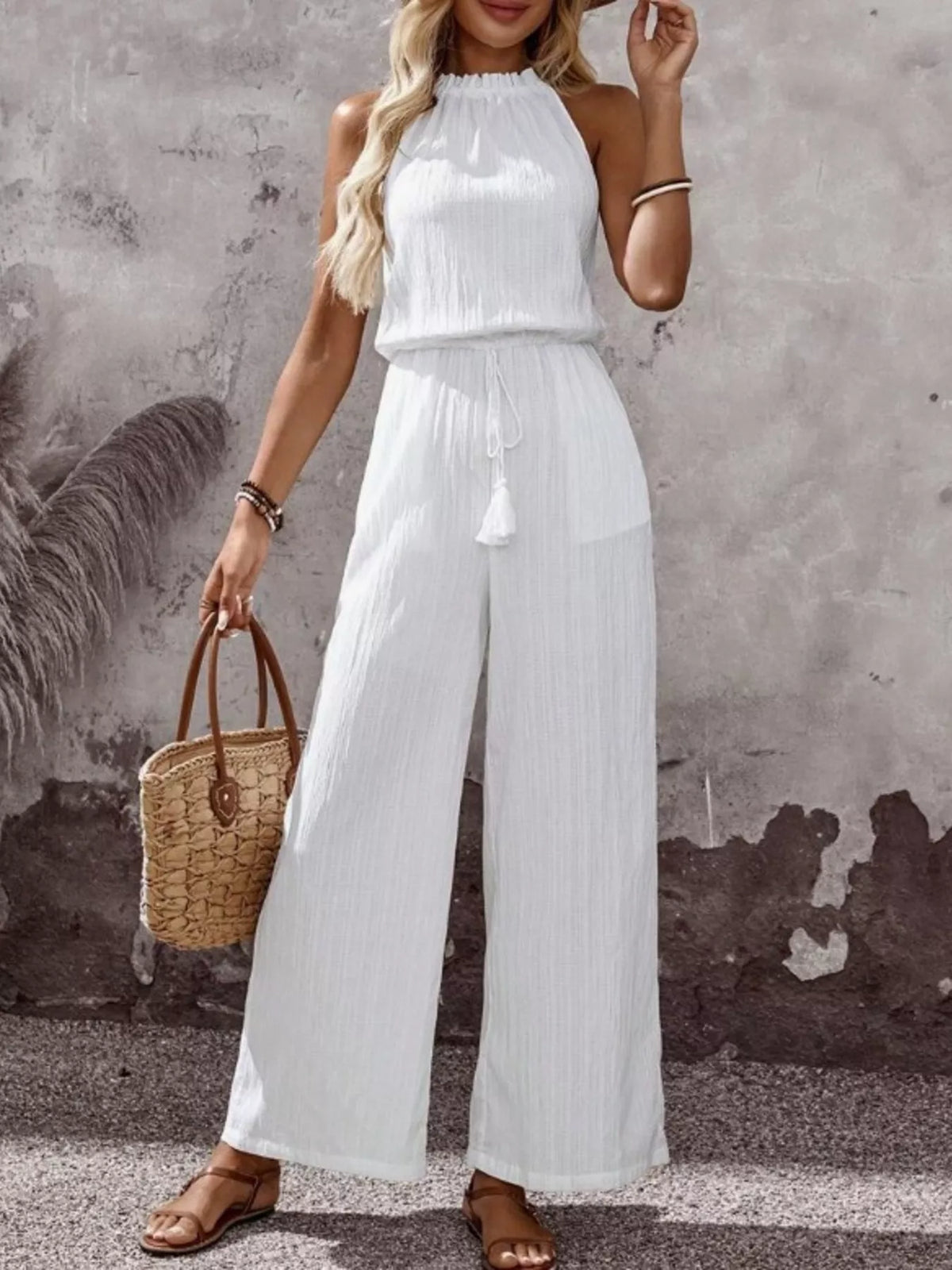 Tasseled Sleeveless Wide Leg Jumpsuit