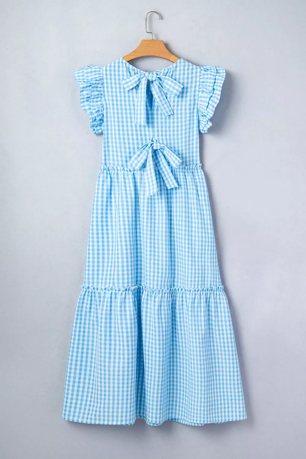 Knot Back Ruffled Gingham Maxi Dress in Light Blue