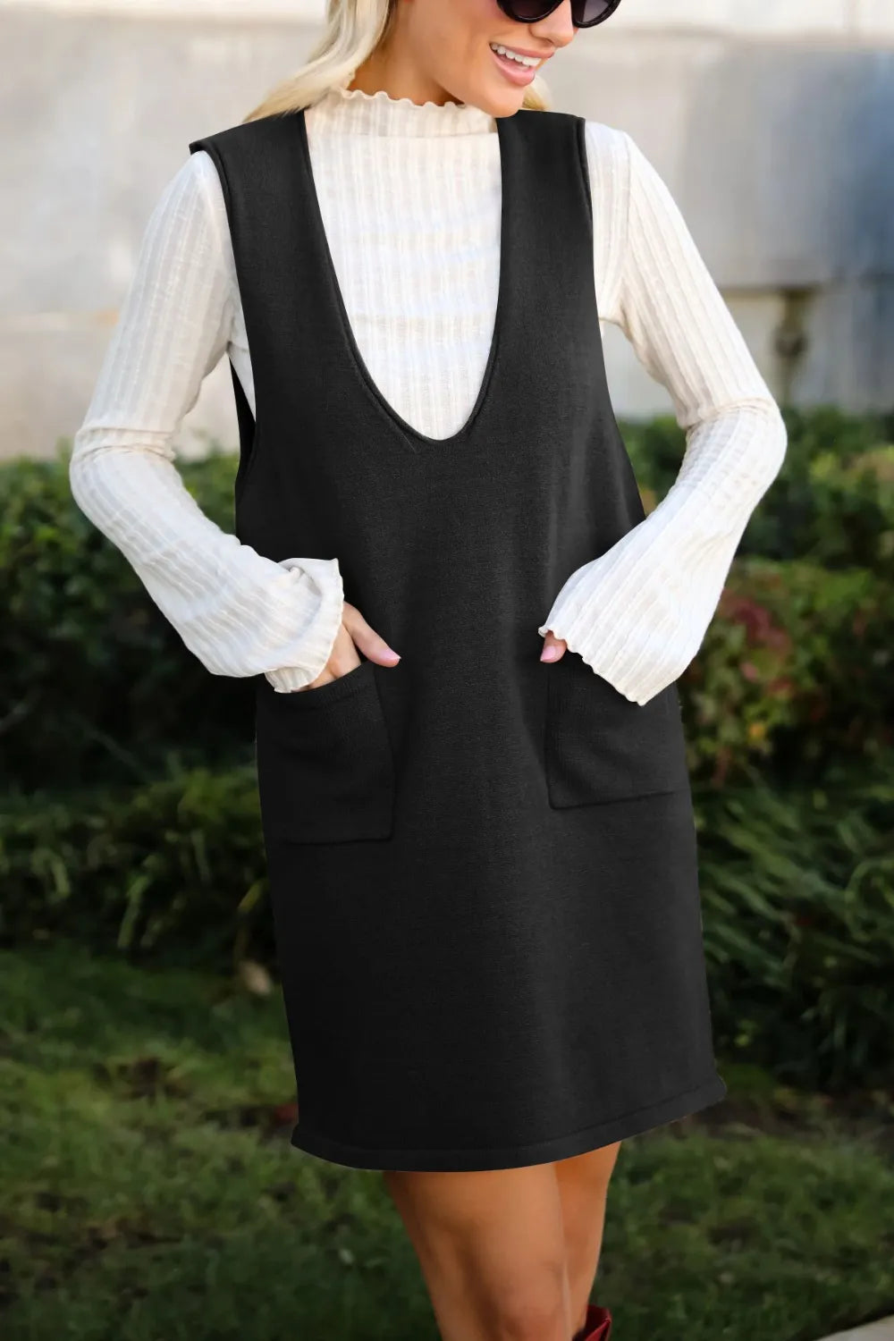 Pocketed V-Neck Sweater Overall Dress