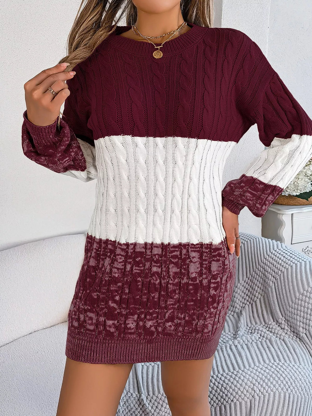 Color Block Cable Knit Sweater Dress