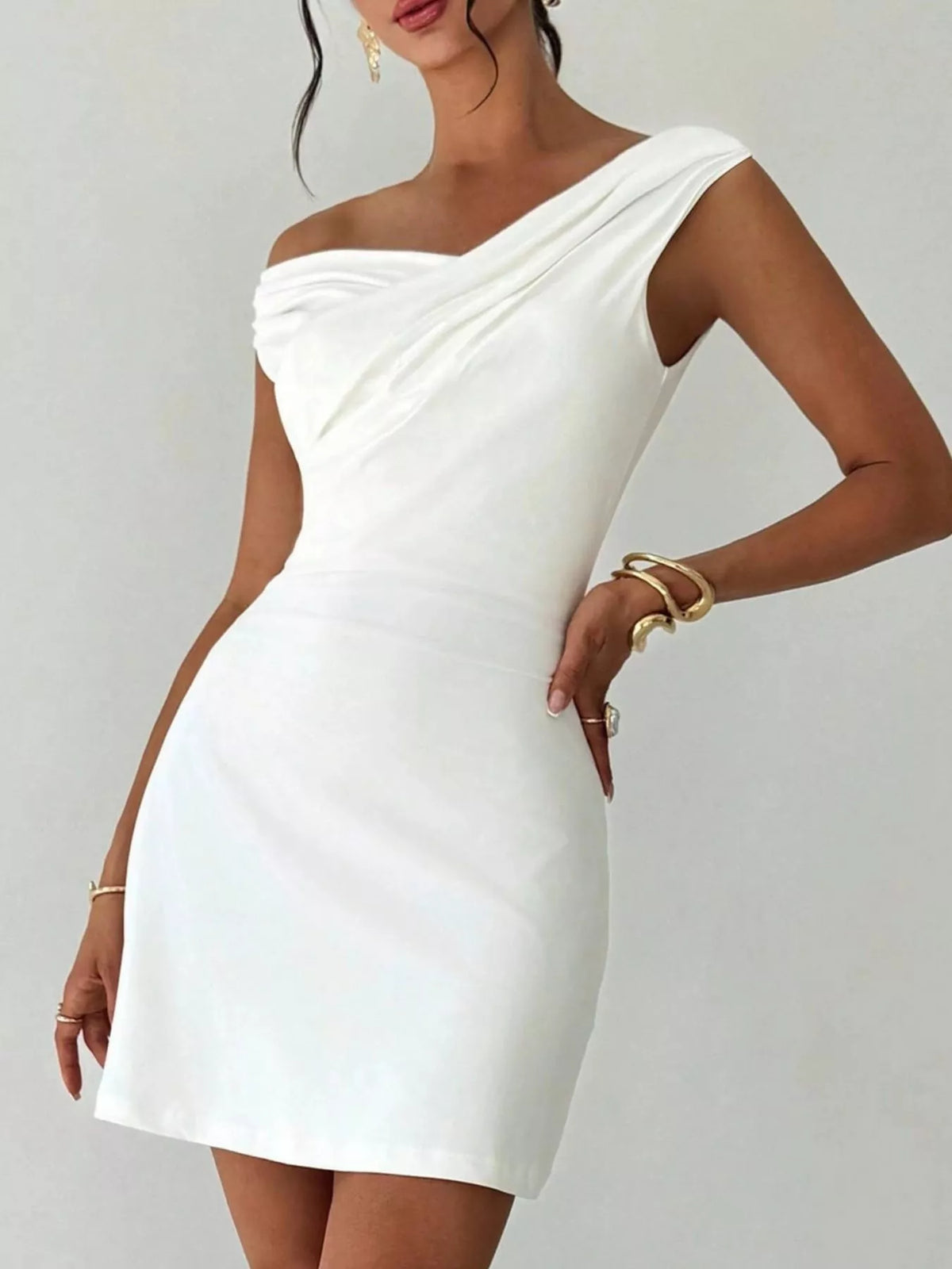 Off-Shoulder Draped Mini Dress in White