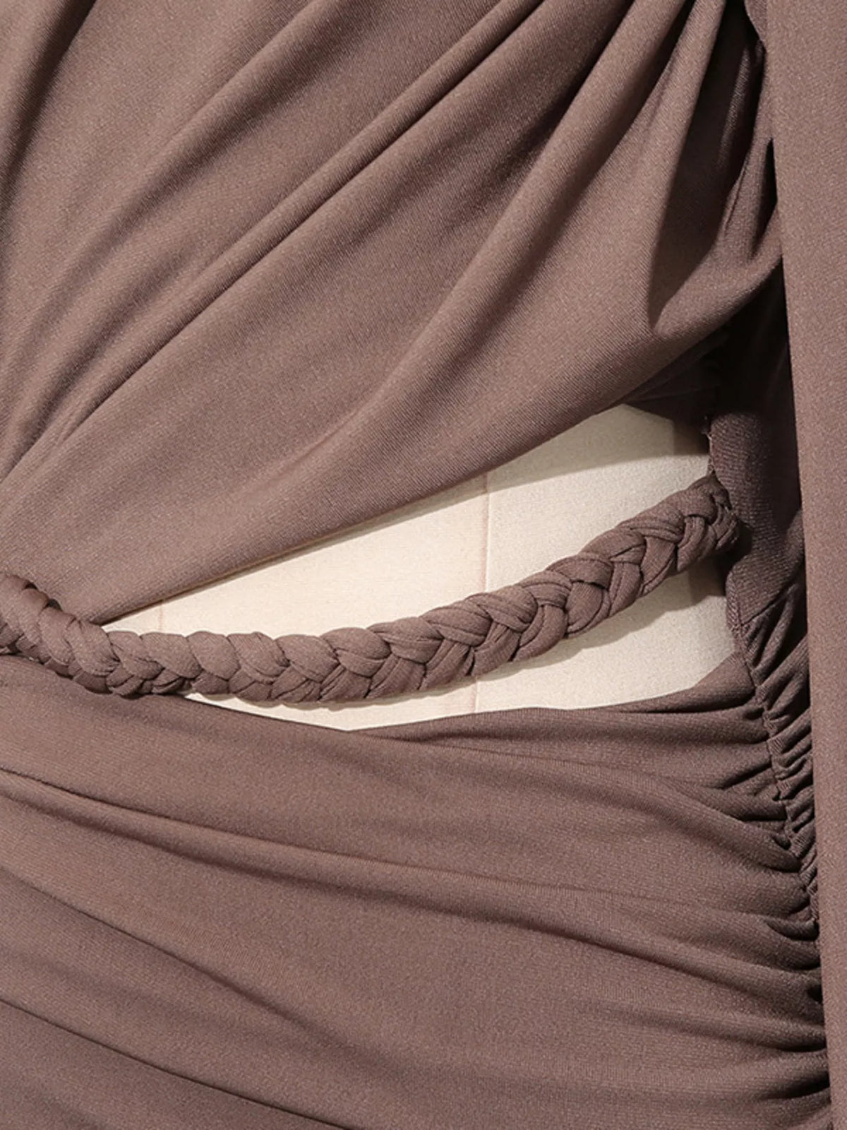 Ruched Long-Sleeve Maxi Dress in Brown