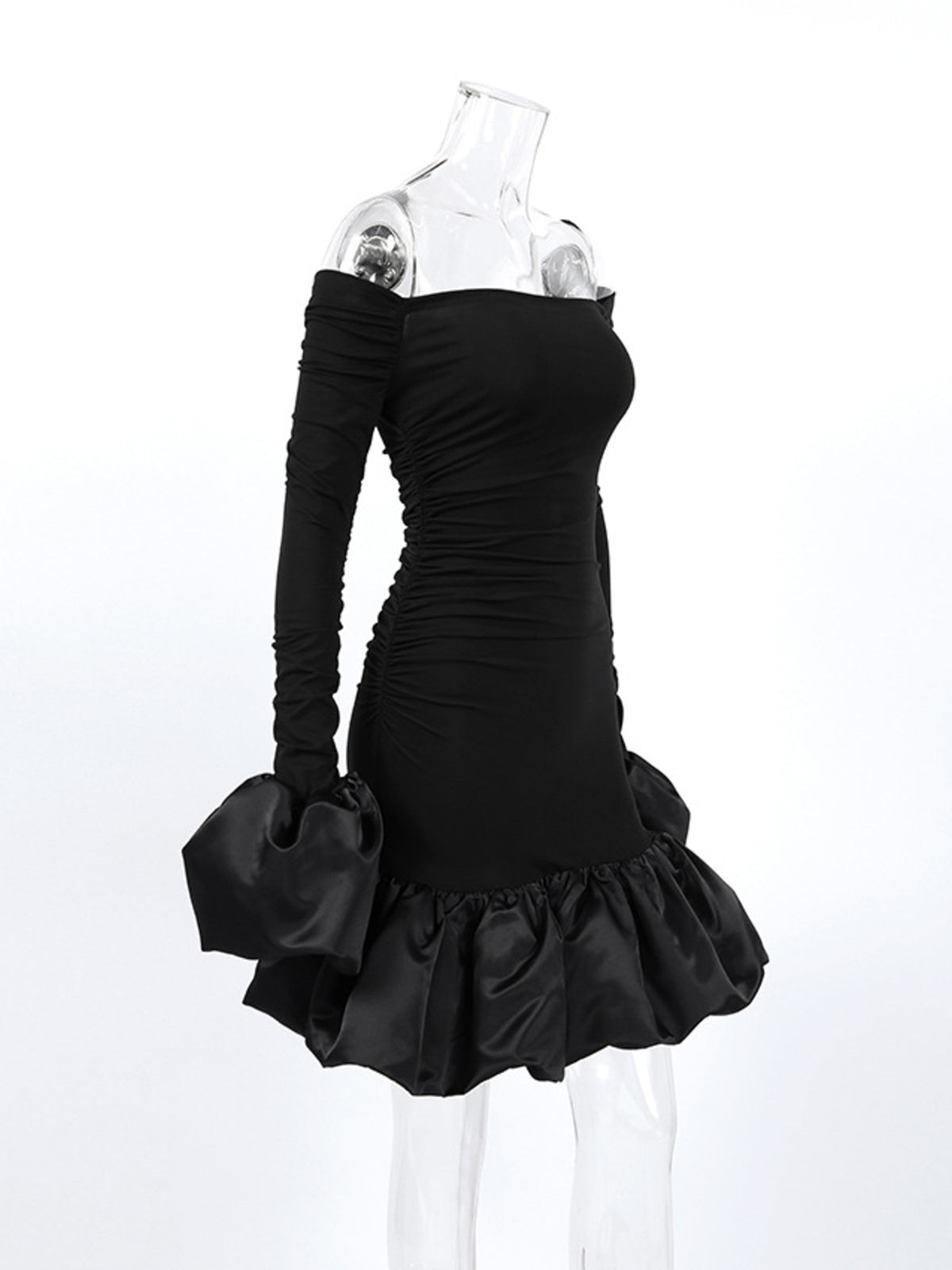 Off-Shoulder Ruffle Hem Mini Dress in Black