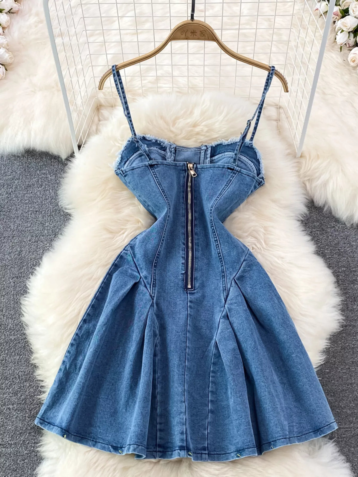 Lace-Up Denim A-Line Mini Dress in Blue