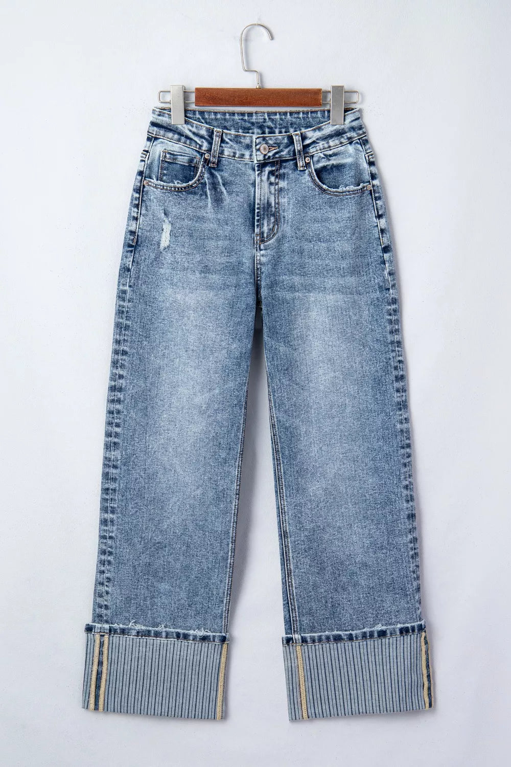 Cuffed Straight-Leg Distressed Jeans in Medium Wash