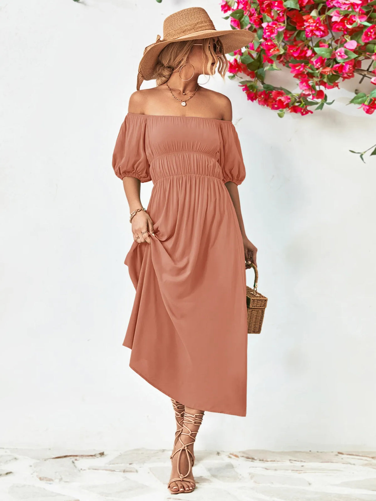 Off-Shoulder Puff-Sleeve Smocked Maxi Dress