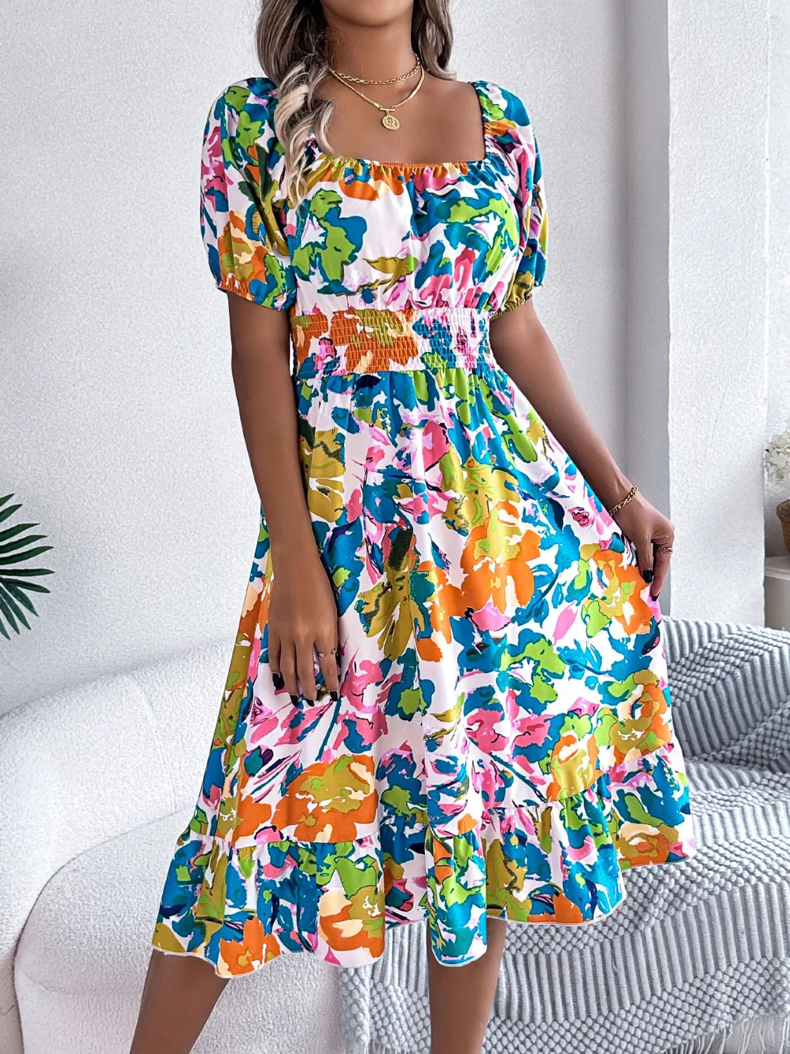 Ruffled Hem Smocked Floral Short Sleeve Midi Dress