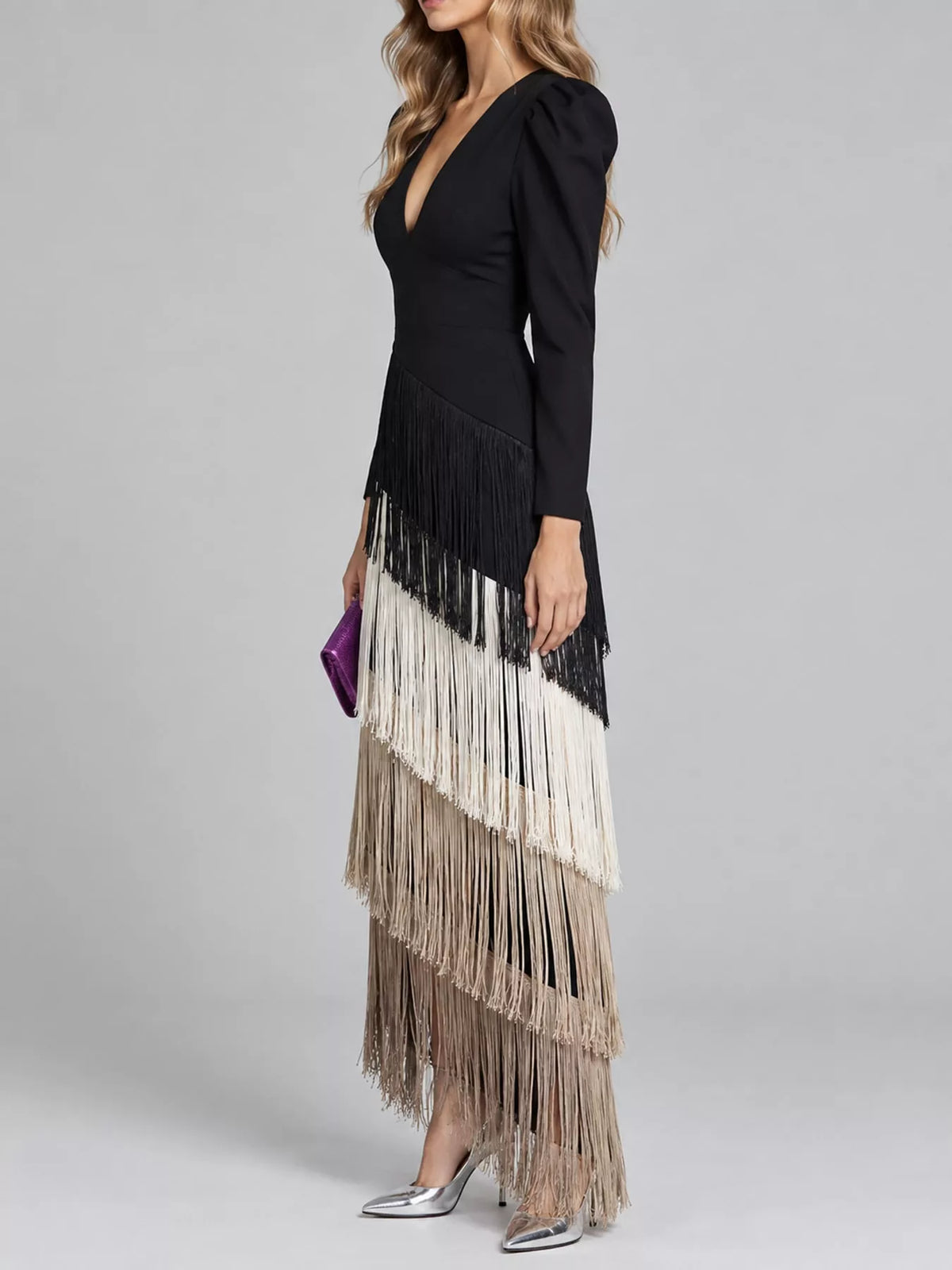 Fringed V-Neck Puff Sleeve Maxi Dress