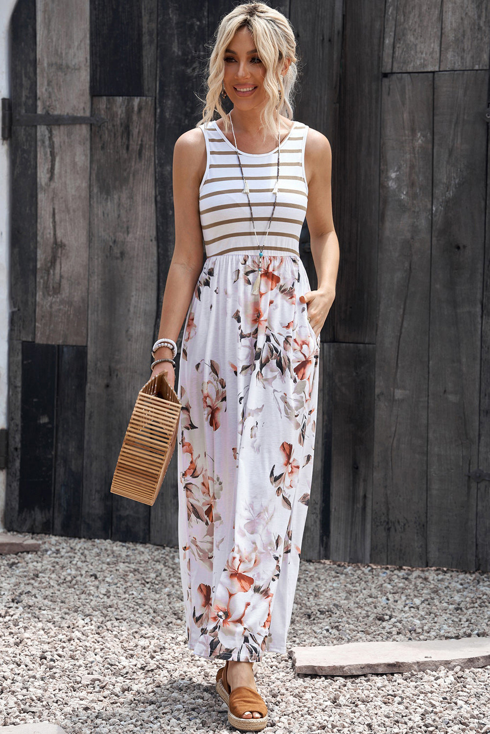 Striped Floral Round Neck Maxi Dress
