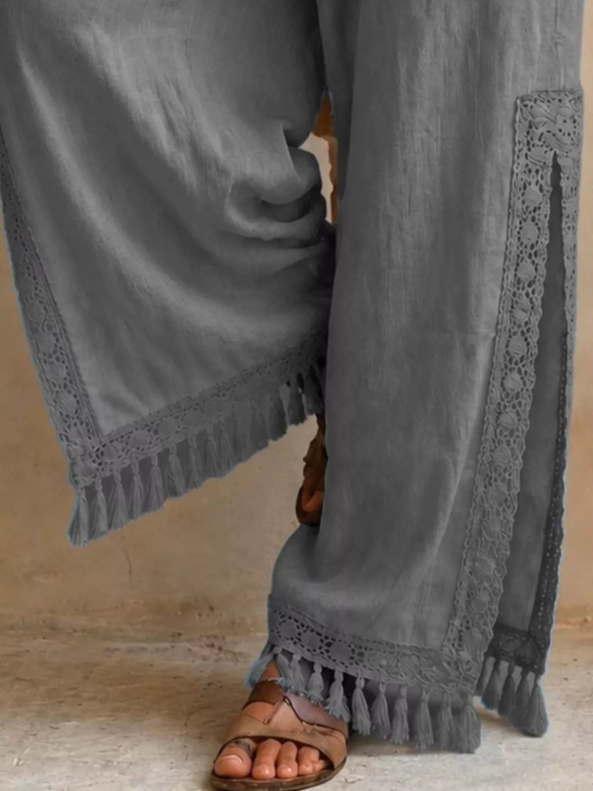 Lace-Detail Slit Wide Leg Pants