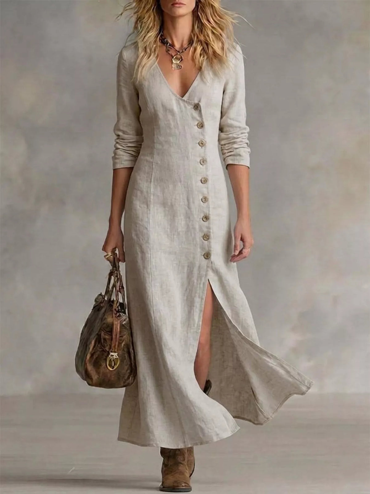 Button Front Slit Maxi Dress