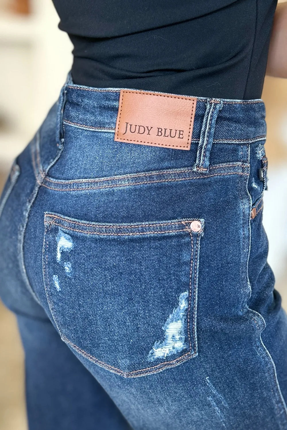 Judy Blue High Waist Heavy Destroy Straight Jeans in Dark