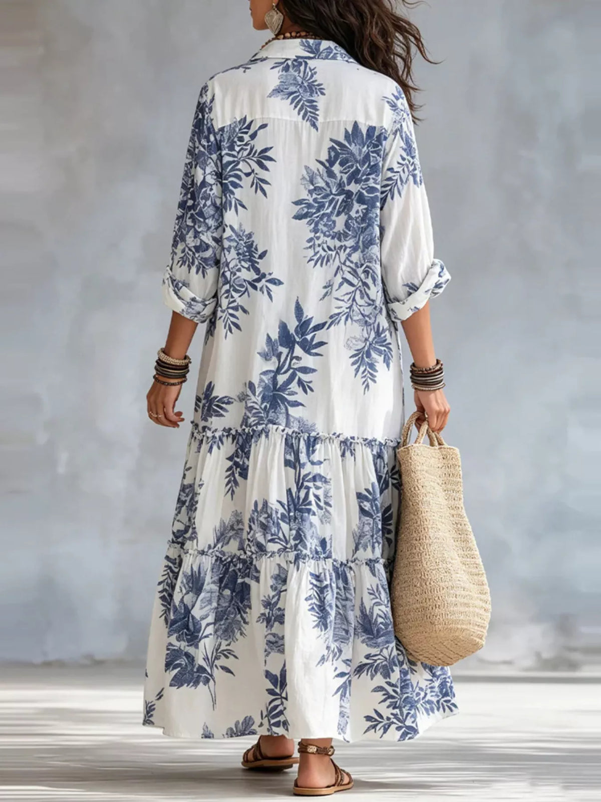 Printed Button-Front Tiered Maxi Dress