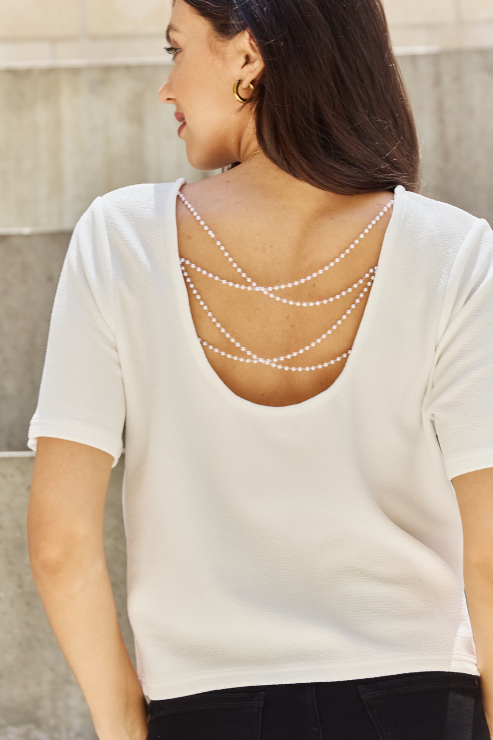 And The Why Criss Cross Pearl Open Back Top in Off White