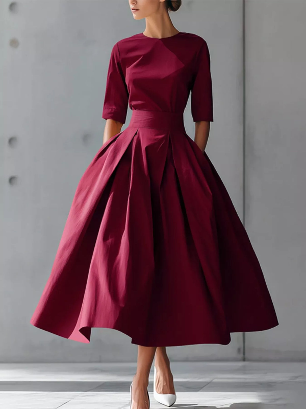 Round-Neck A-Line Midi Dress