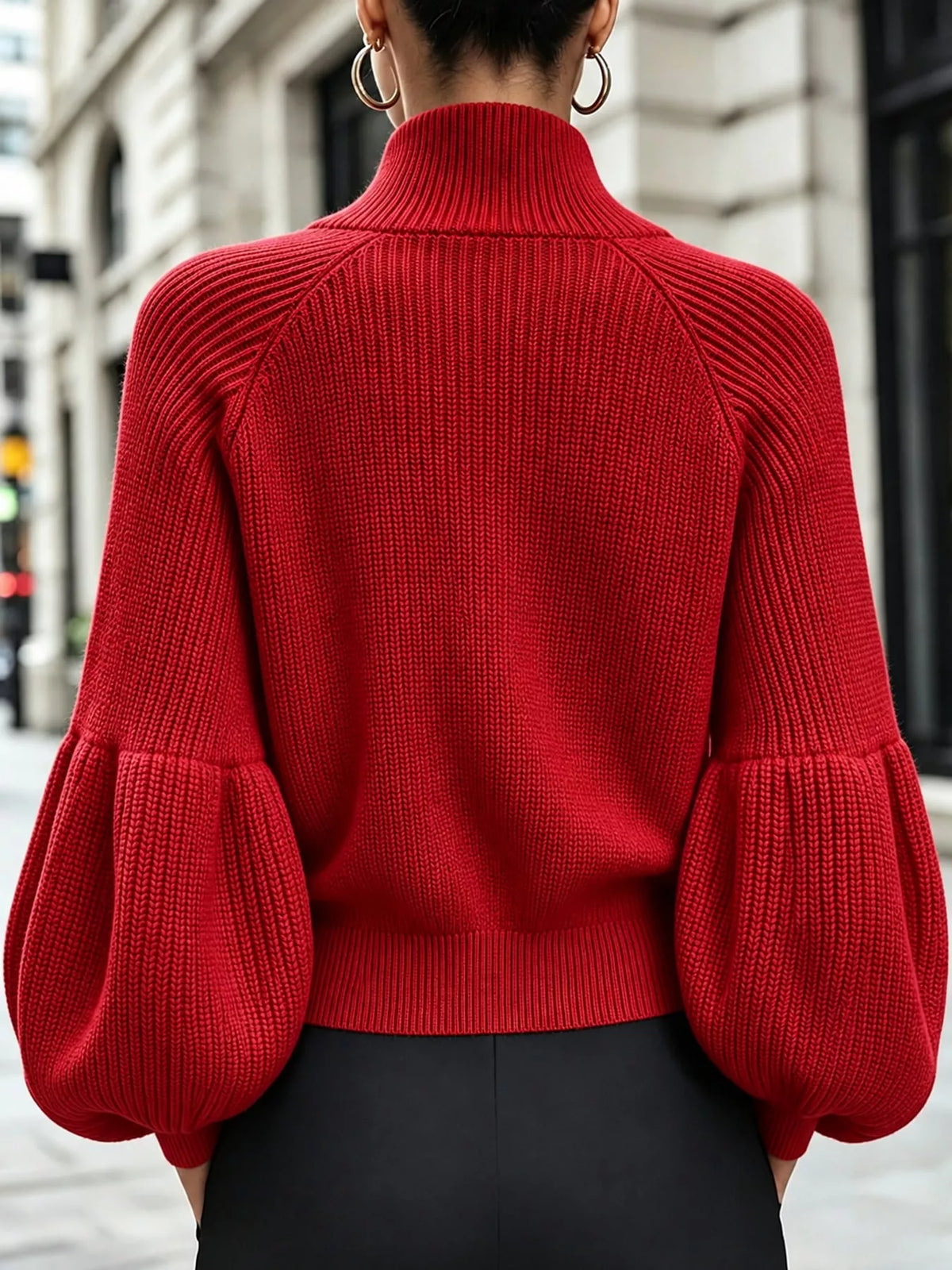 Ribbed Knit Zip-Up Cardigan with Lantern Sleeves