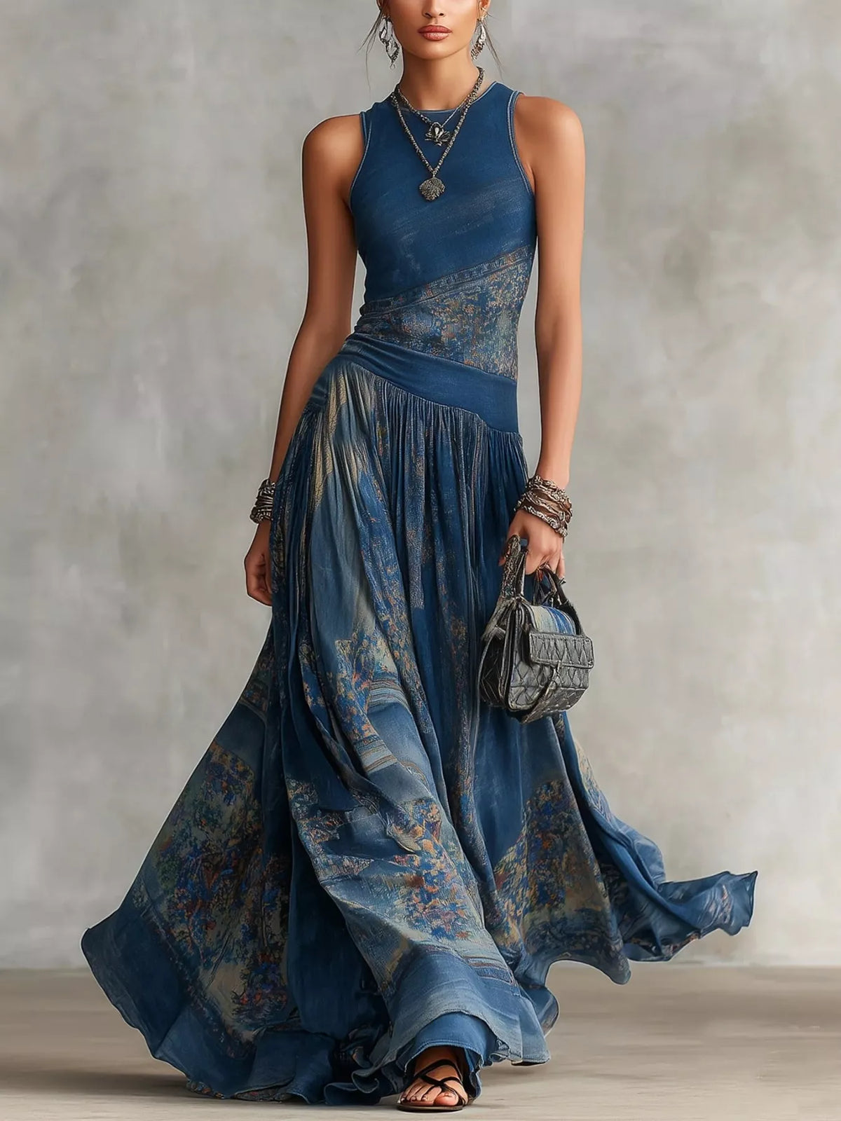 Asymmetrical Print Maxi Dress in Dusty Blue by Yvette