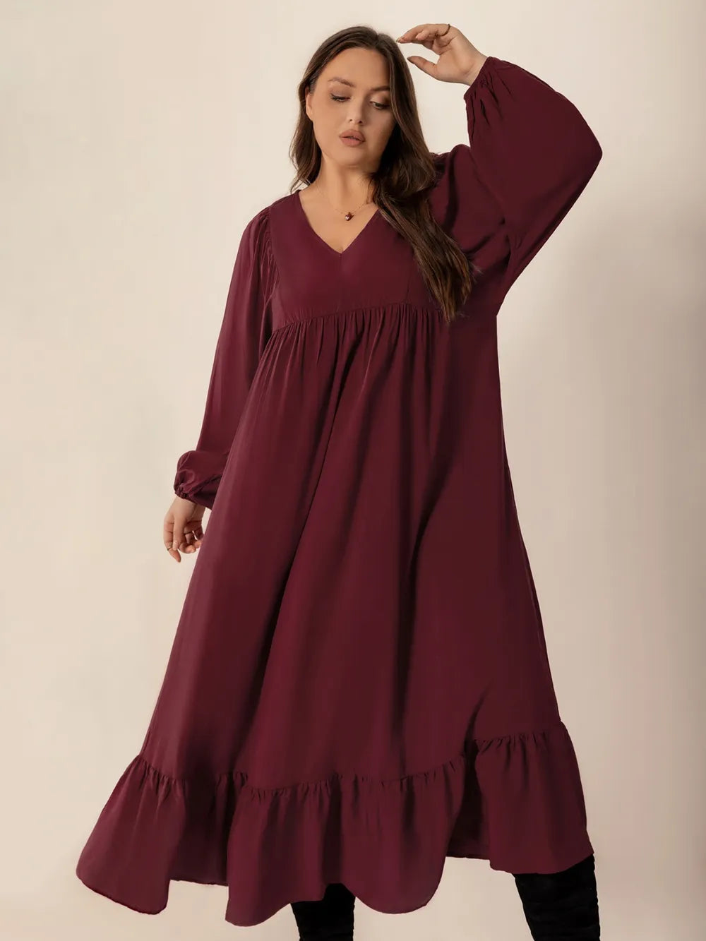 Ruffled Hem V-Neck Balloon Sleeve Dress in Burgundy