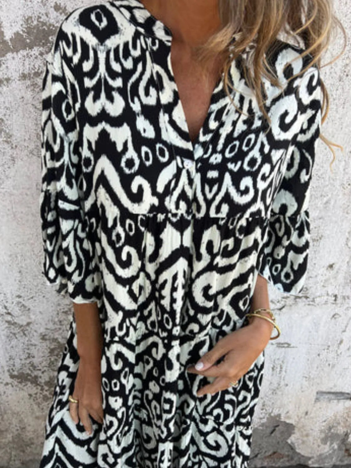 Notched Half Sleeve Printed Plus Size Dress