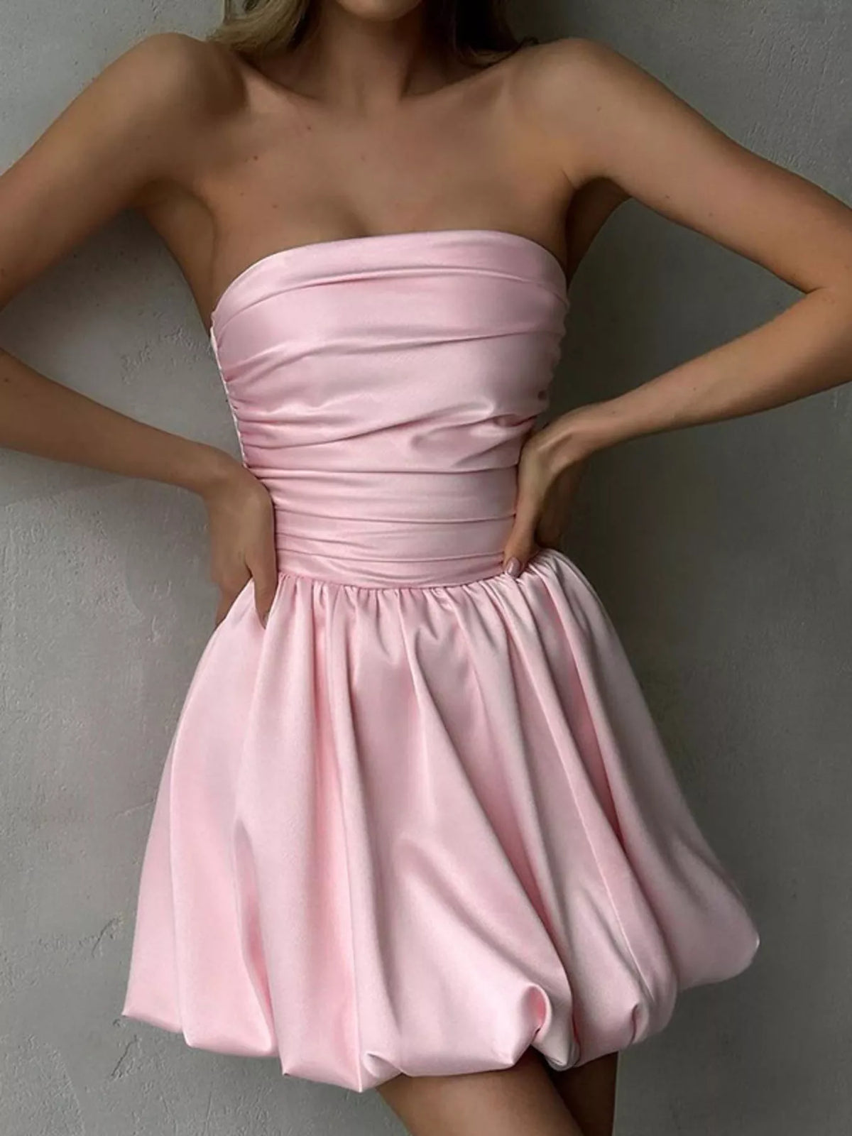 Strapless Ruched Bubble Mini Dress in Blush Pink
