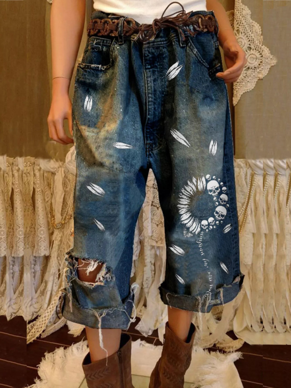 Distressed Skull Print Raw Hem Jeans