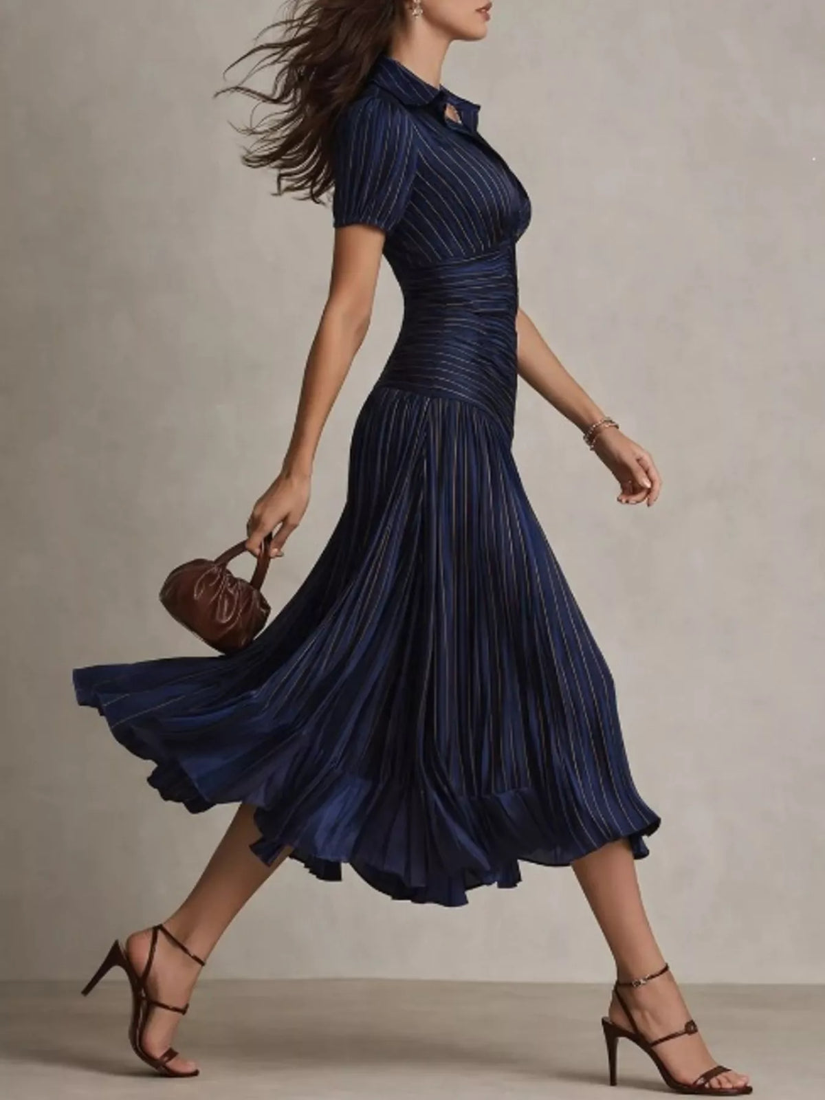 Pleated Striped Short Sleeve Midi Dress in Dark Blue