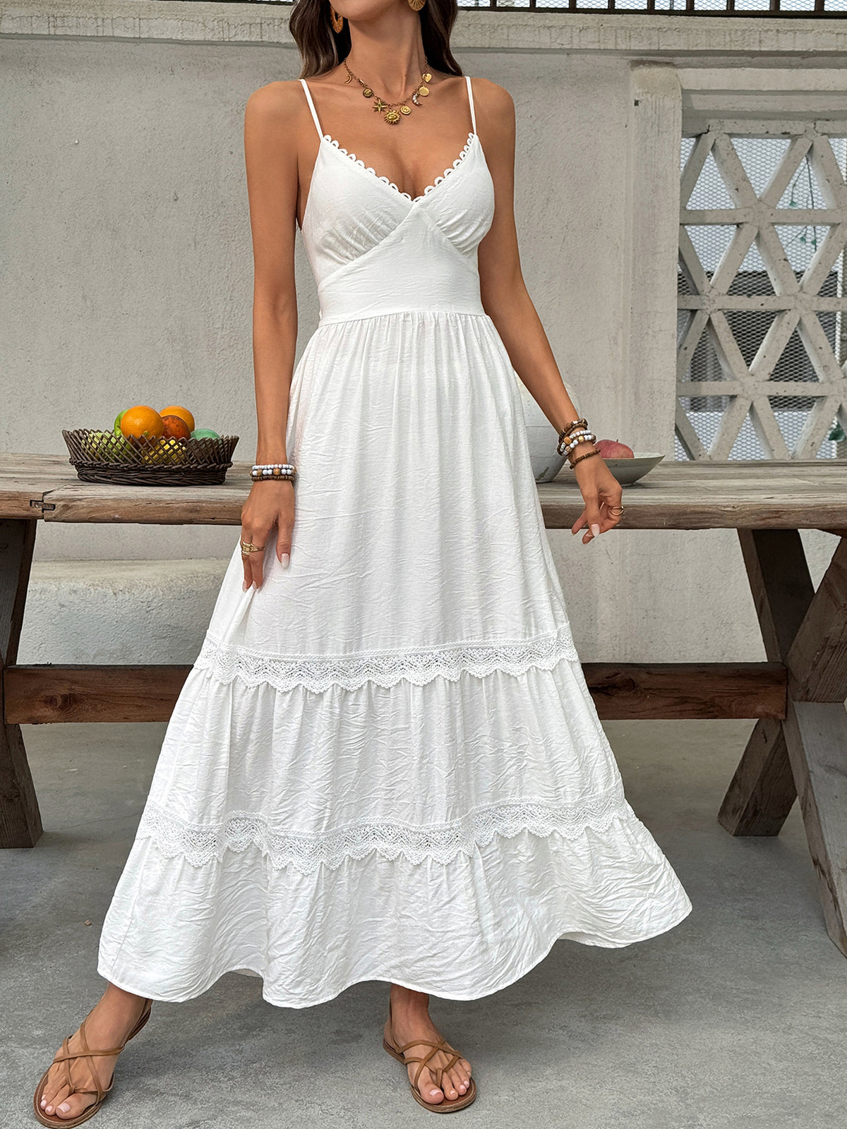 Lace Detail V-Neck Tiered Maxi Dress in Gray/White