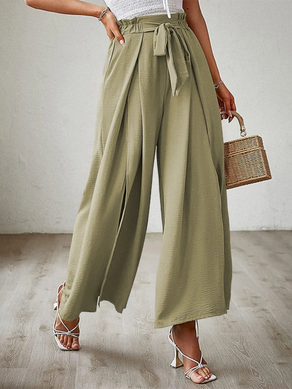 Wide Leg Pants with Tie and Slit