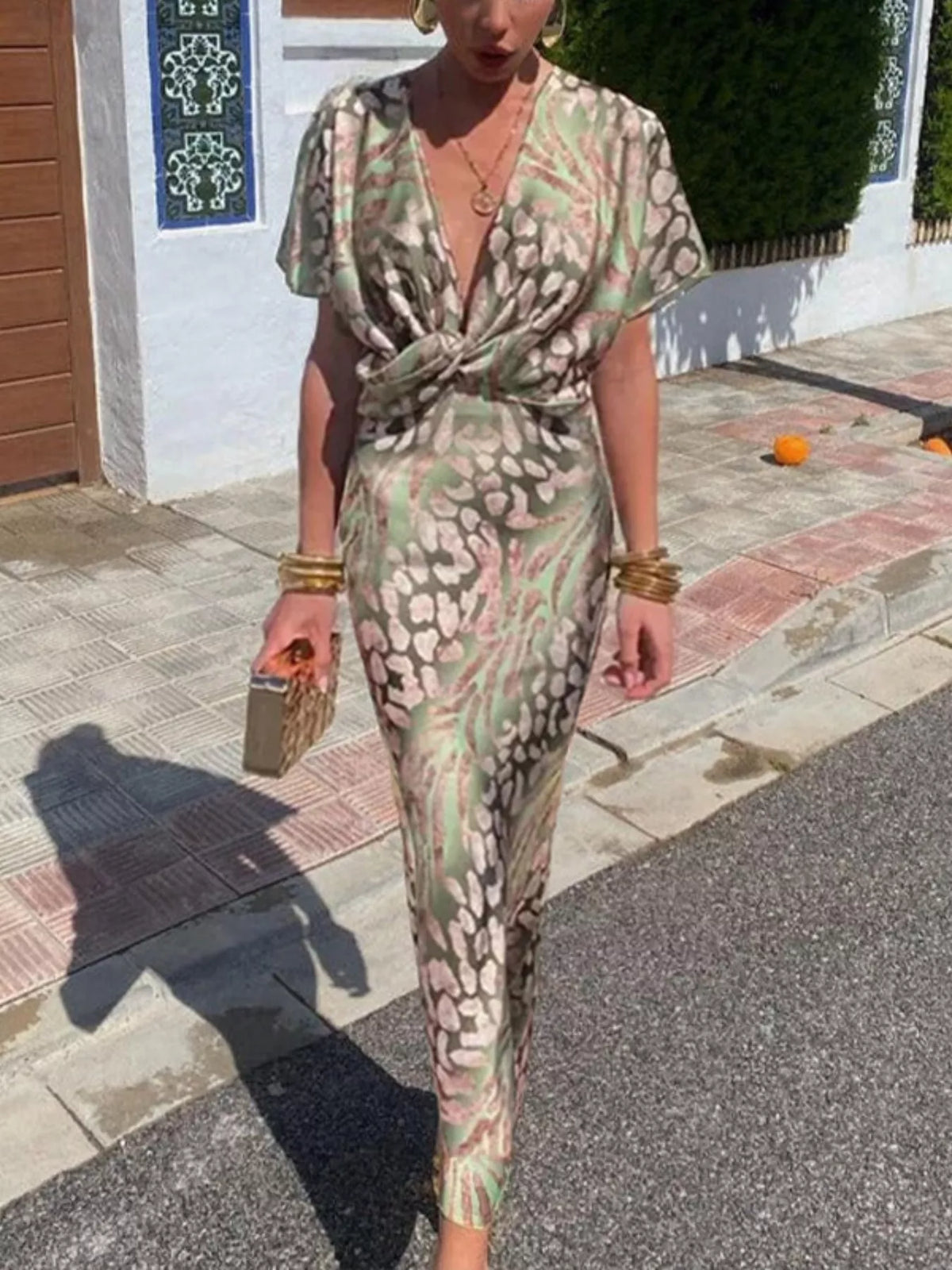 Twist-Front Animal Print Maxi Dress in Sage