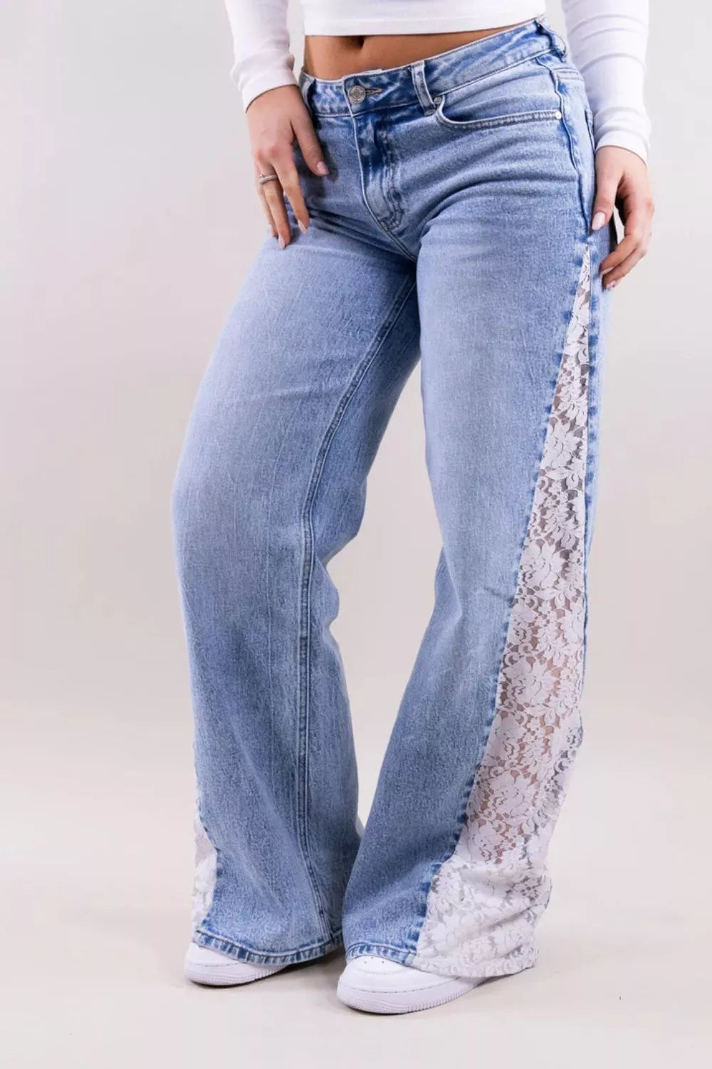 Lace-Paneled Wide-Leg Jeans in Light