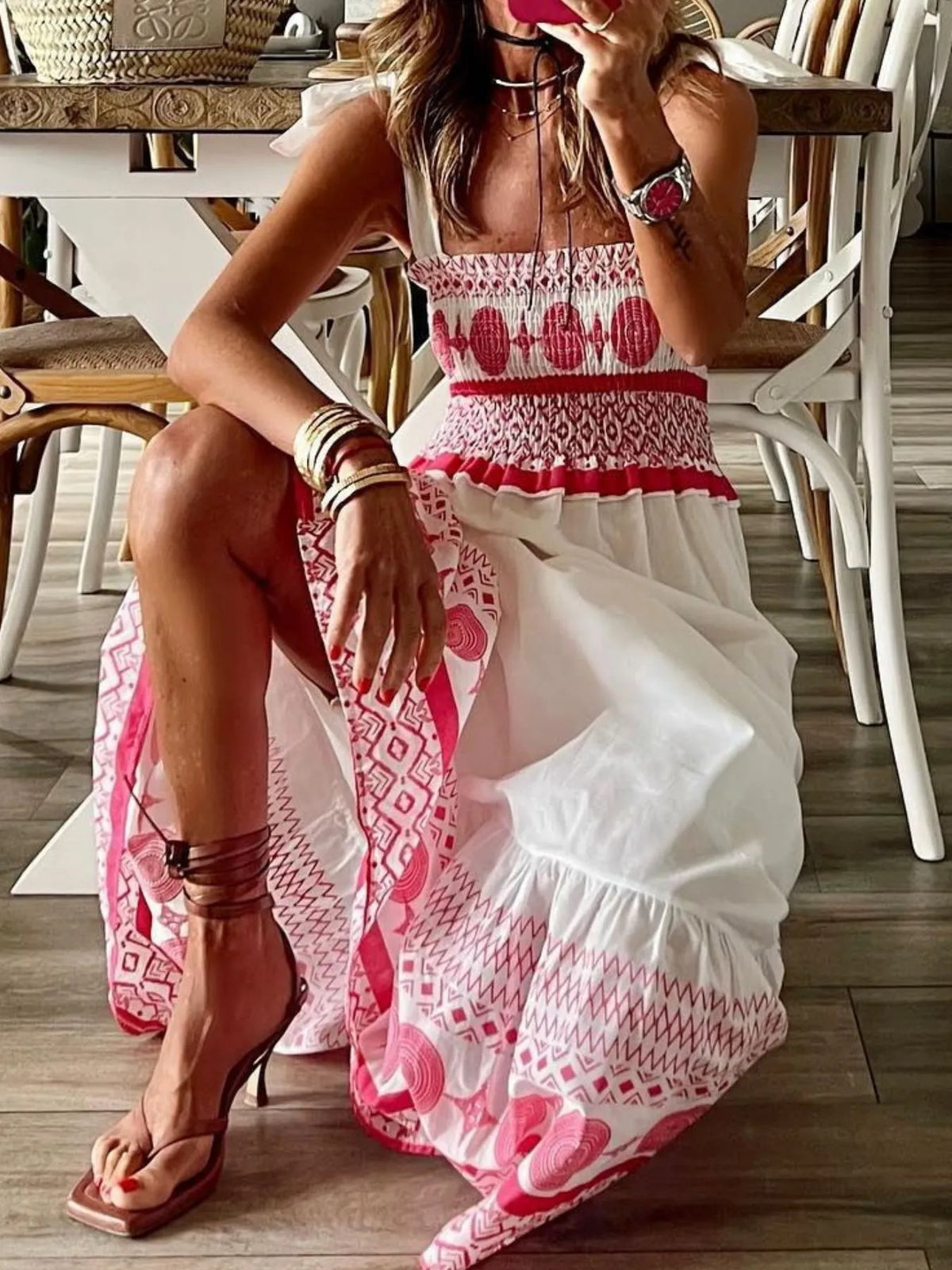 Smocked Tie Shoulder Maxi Dress in Red