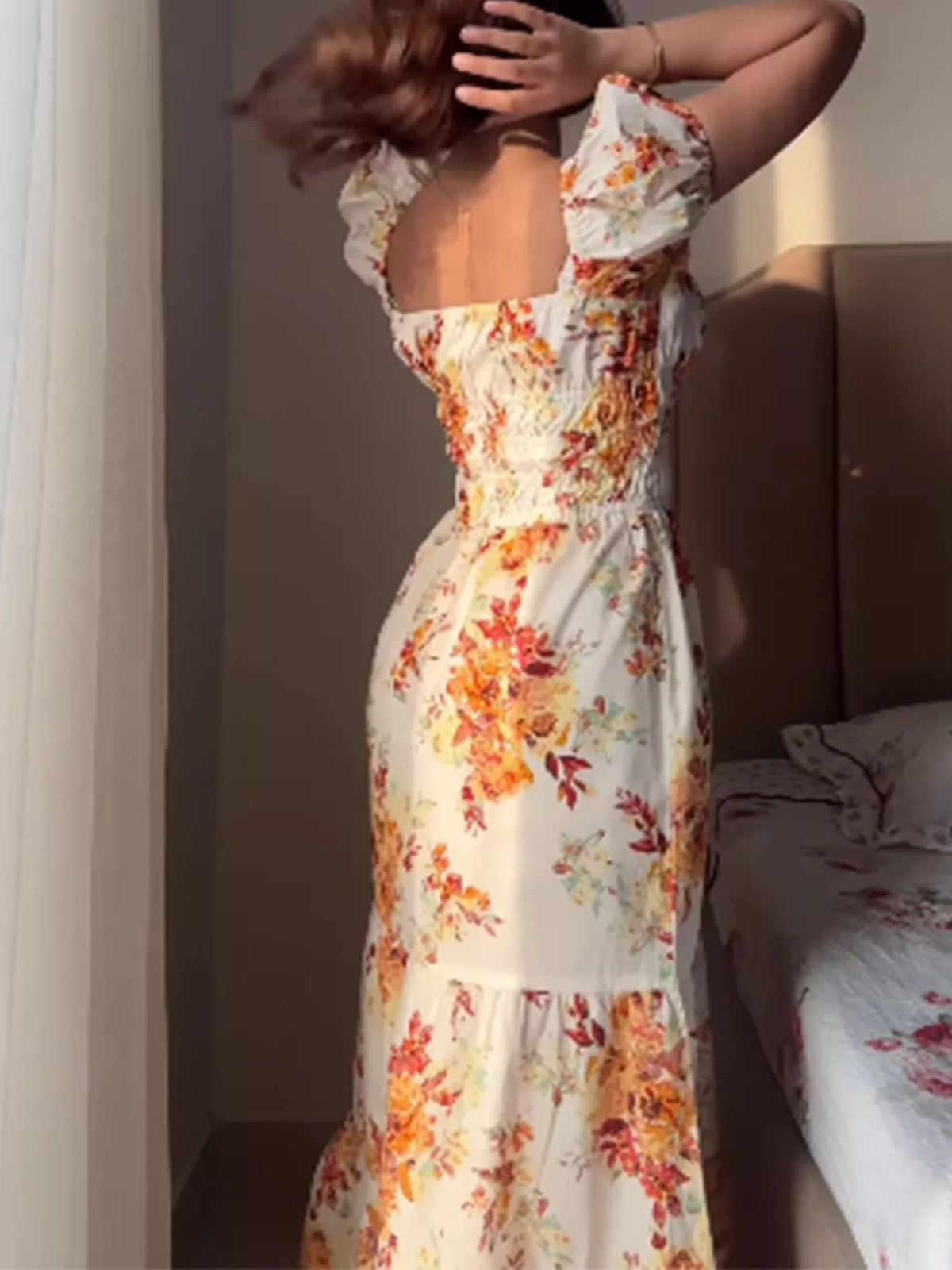Floral Square Neck Puff Sleeve Maxi Dress in Sherbet