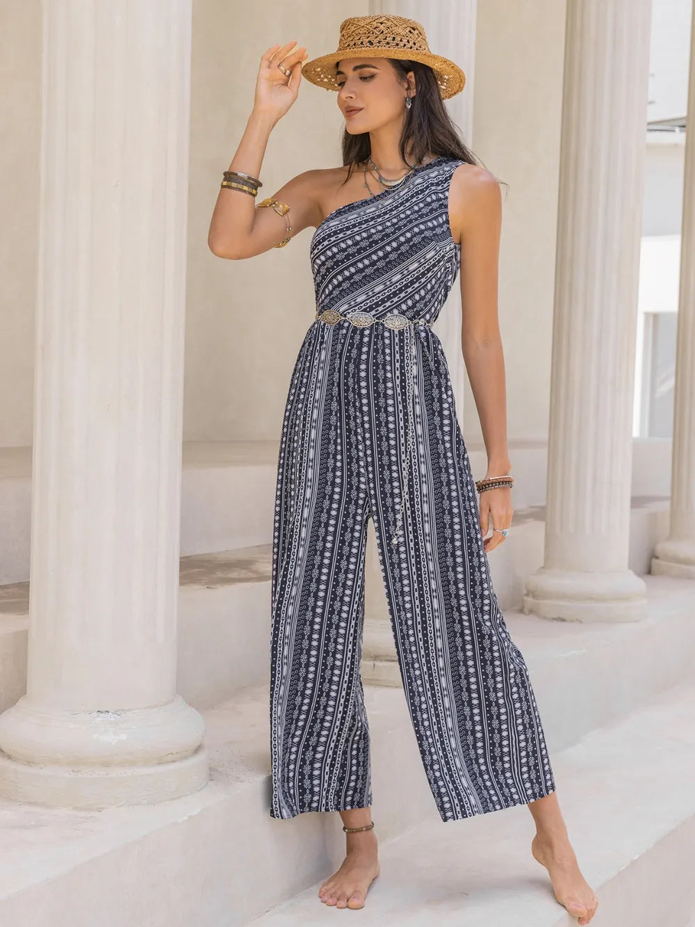 Printed Single-Shoulder Sleeveless Jumpsuit