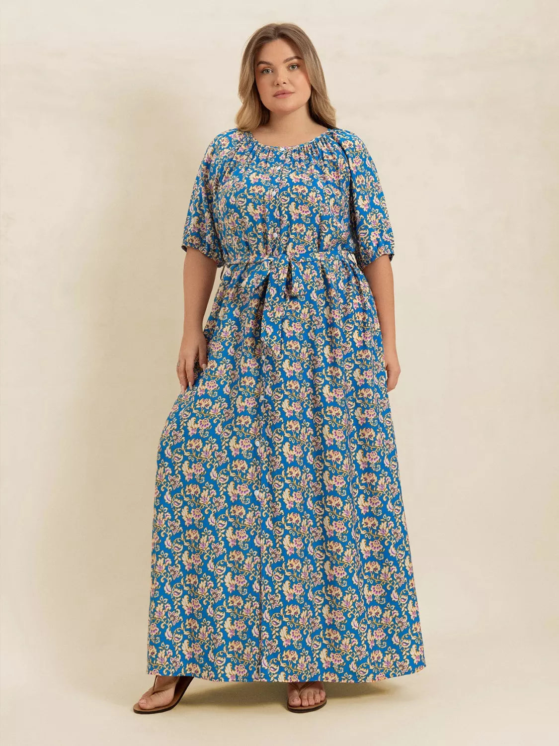 Plus Size Floral Maxi Dress with Side Slit in Blue