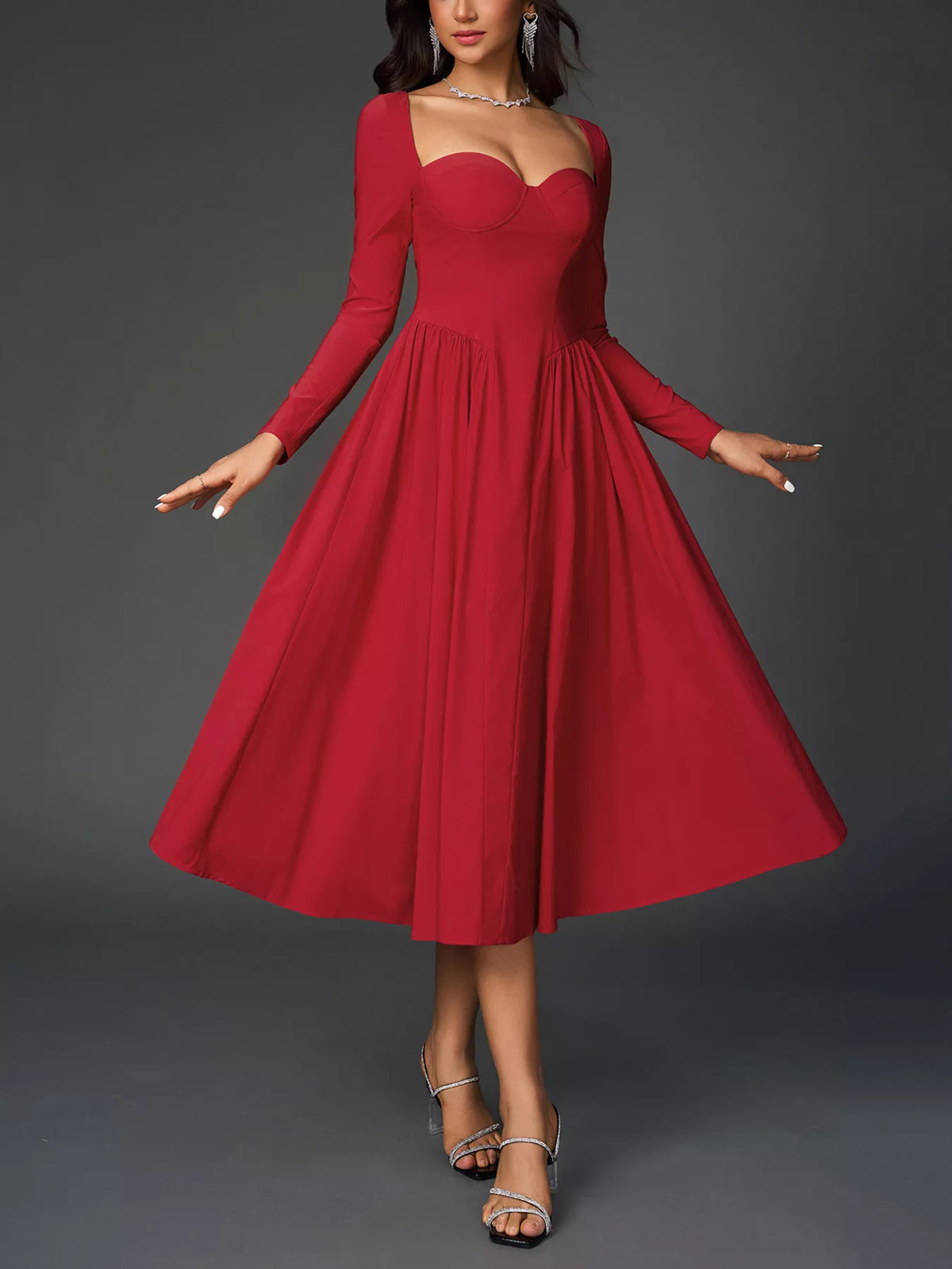 Sweetheart Neckline Long Sleeve A-Line Midi Dress