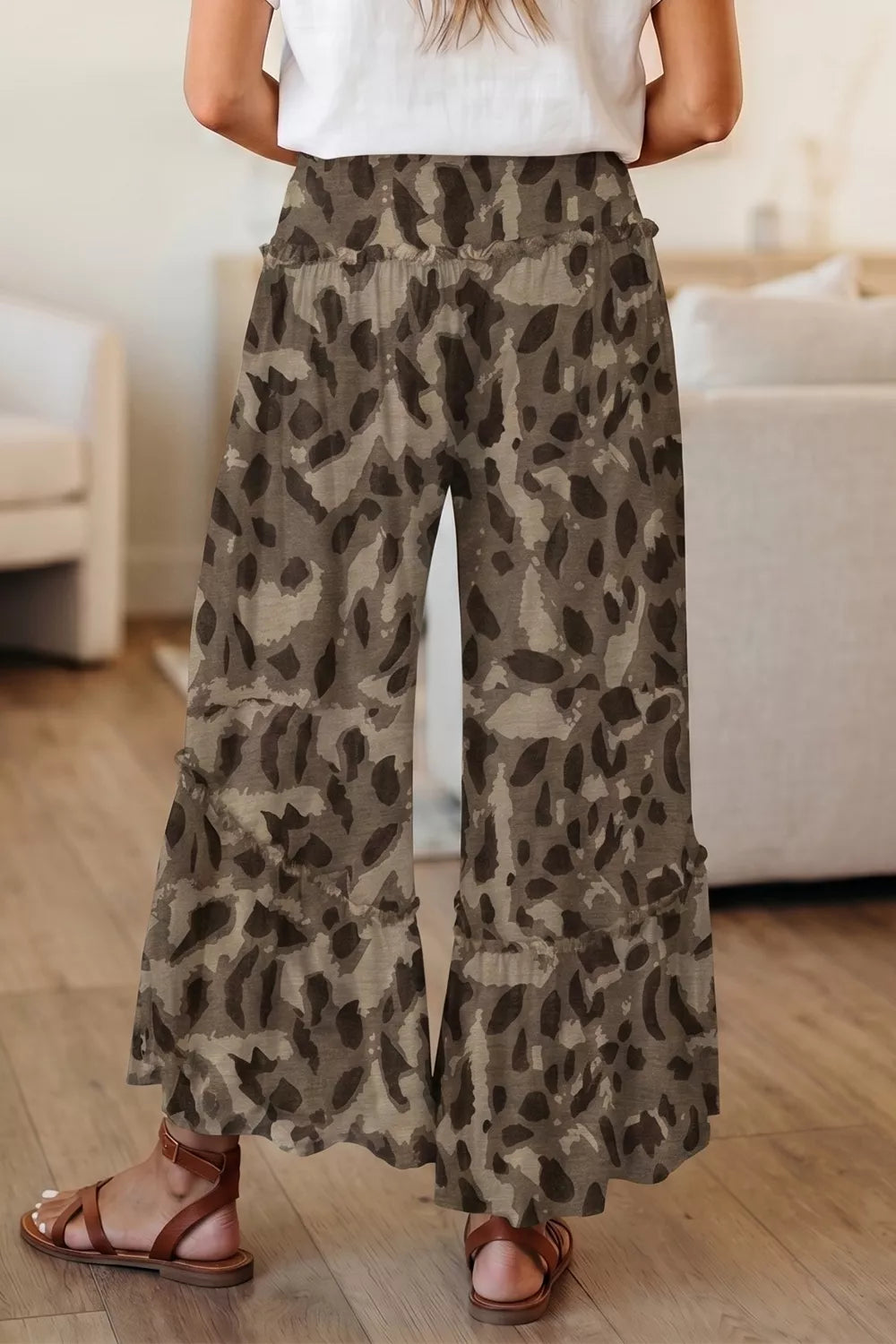 Camo Print Wide Leg Pants in Chocolate