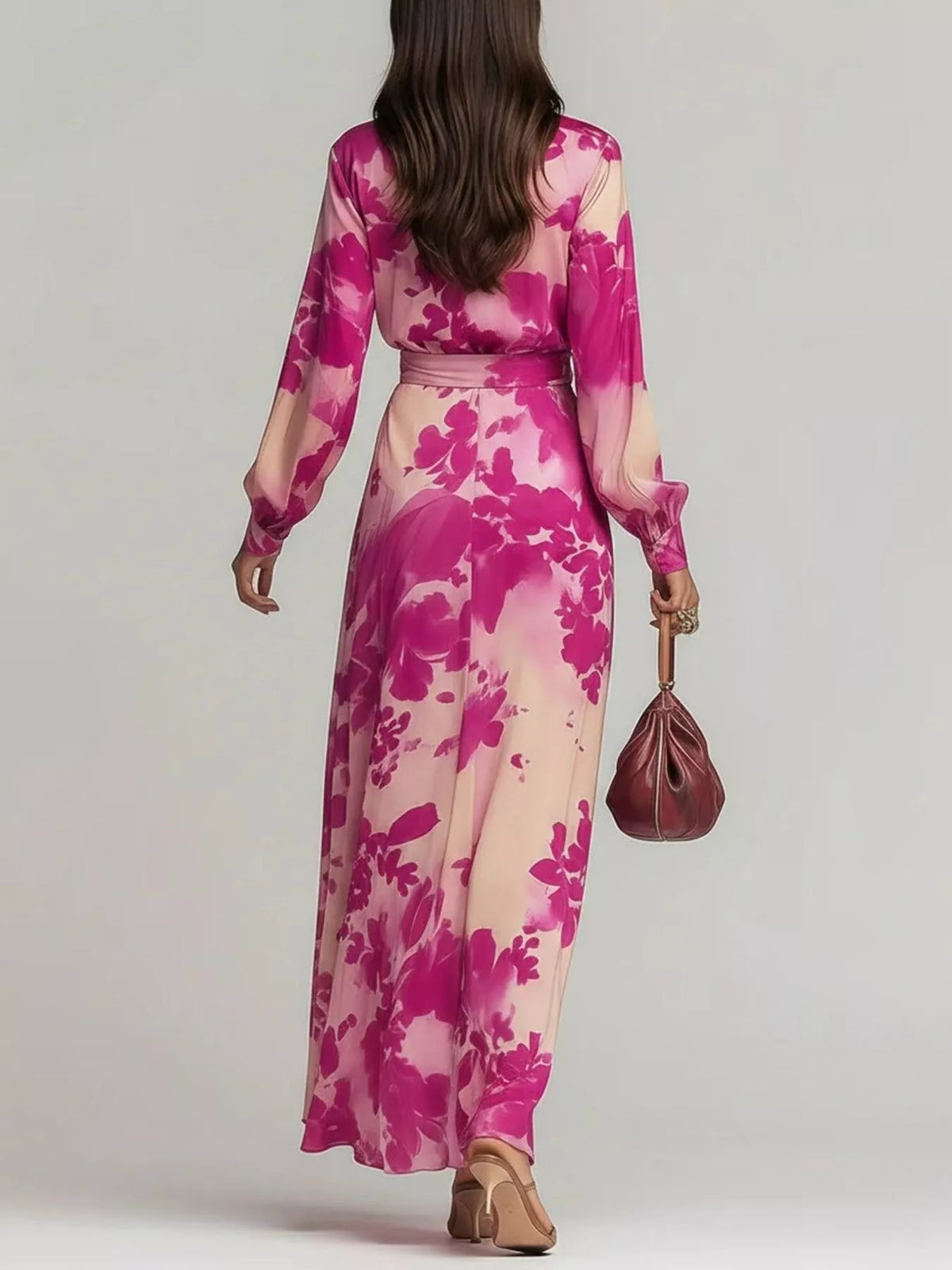 Floral Print Maxi Dress with Waist Tie in Hot Pink