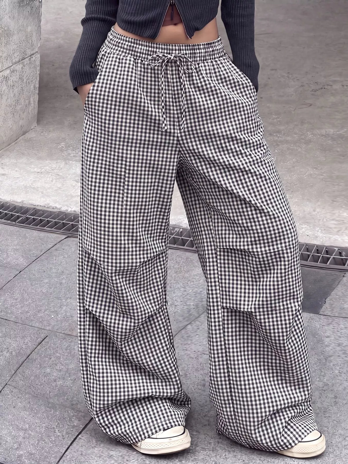 High-Waisted Gingham Drawstring Wide-Leg Pants