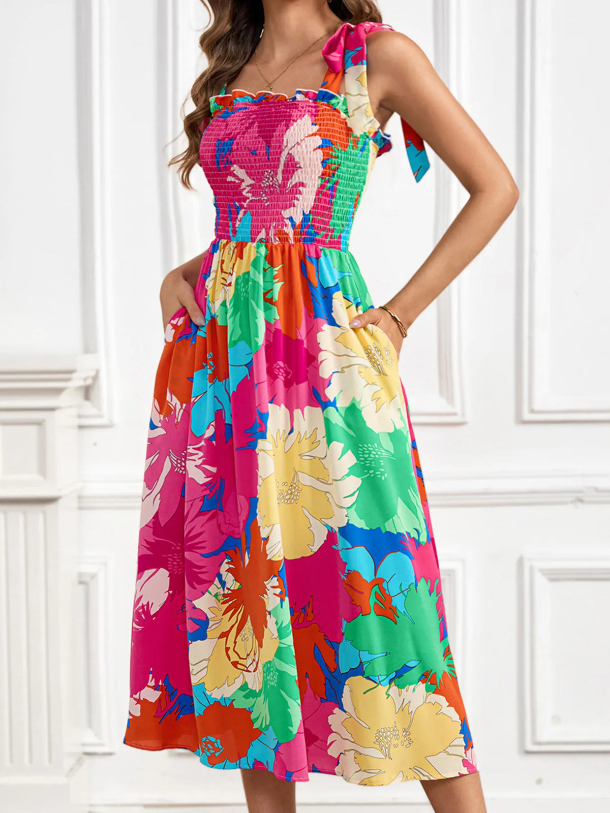 Smocked Tie-Shoulder Midi Dress in Hot Pink
