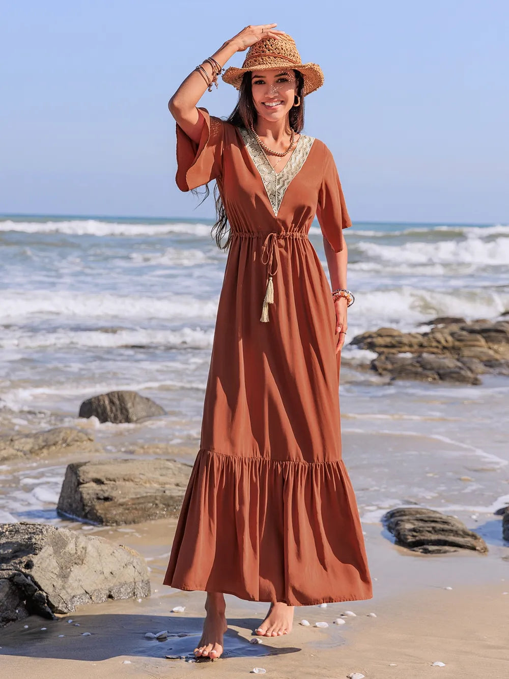 Ruffled Tassel Flutter Sleeve Dress in Terracotta