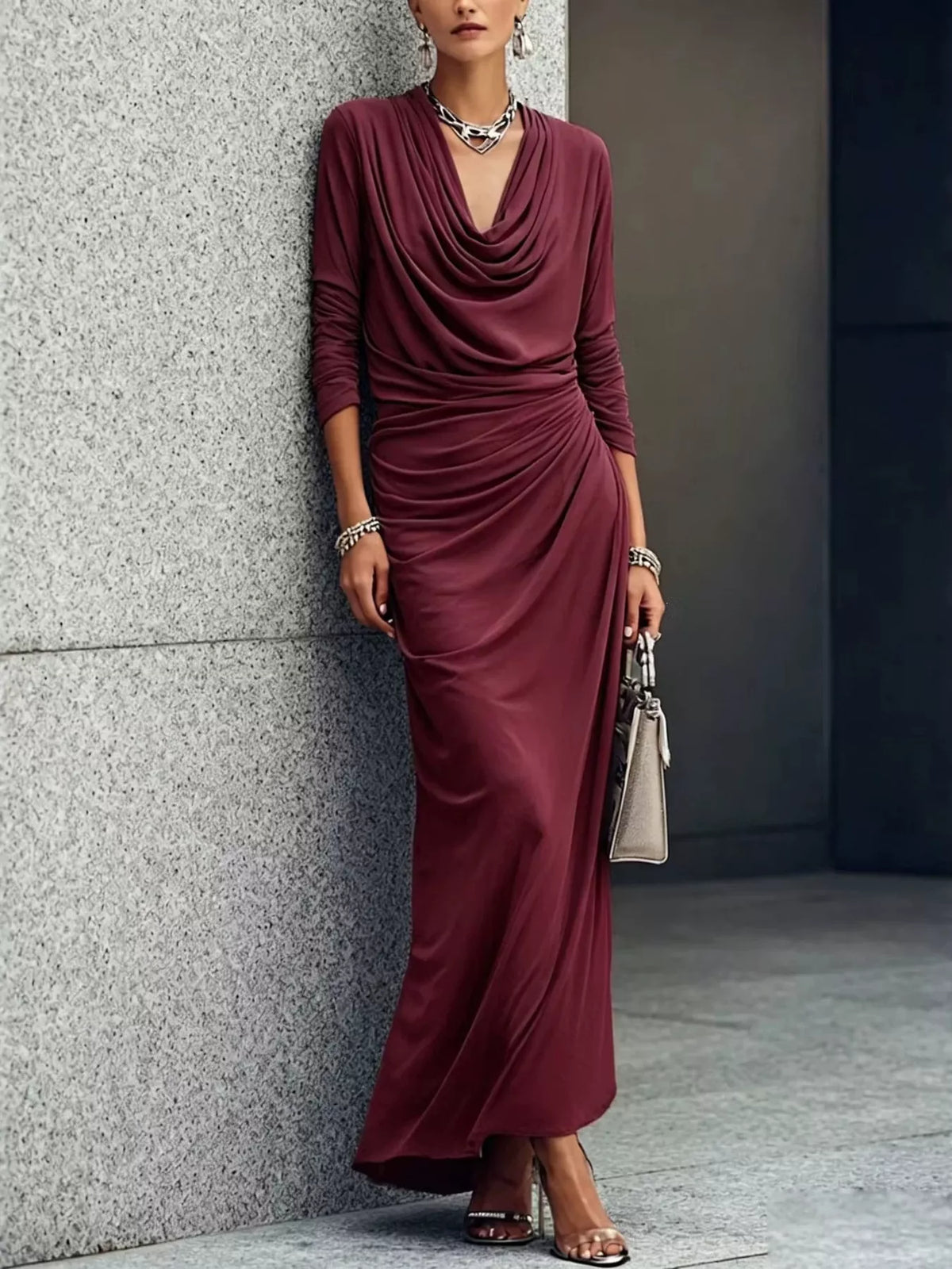 Cowl Neck Ruched Maxi Dress