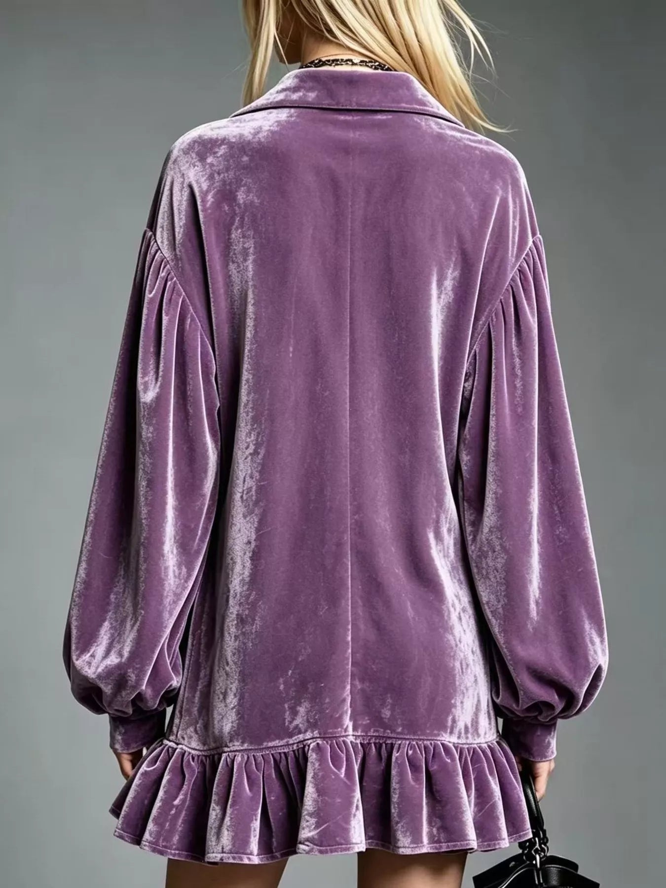 Velvet Ruffled-Hem Long Sleeve Dress