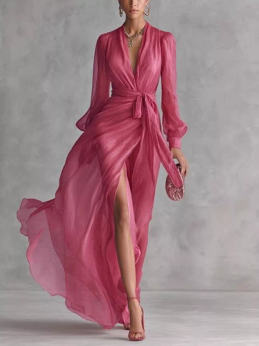 Chiffon Wrap Maxi Dress in Strawberry