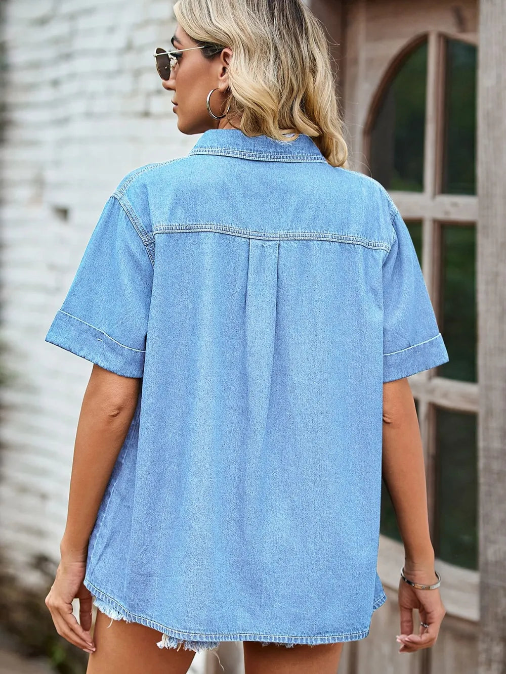 Pocketed Button-Up Short Sleeve Denim Shirt by Manny