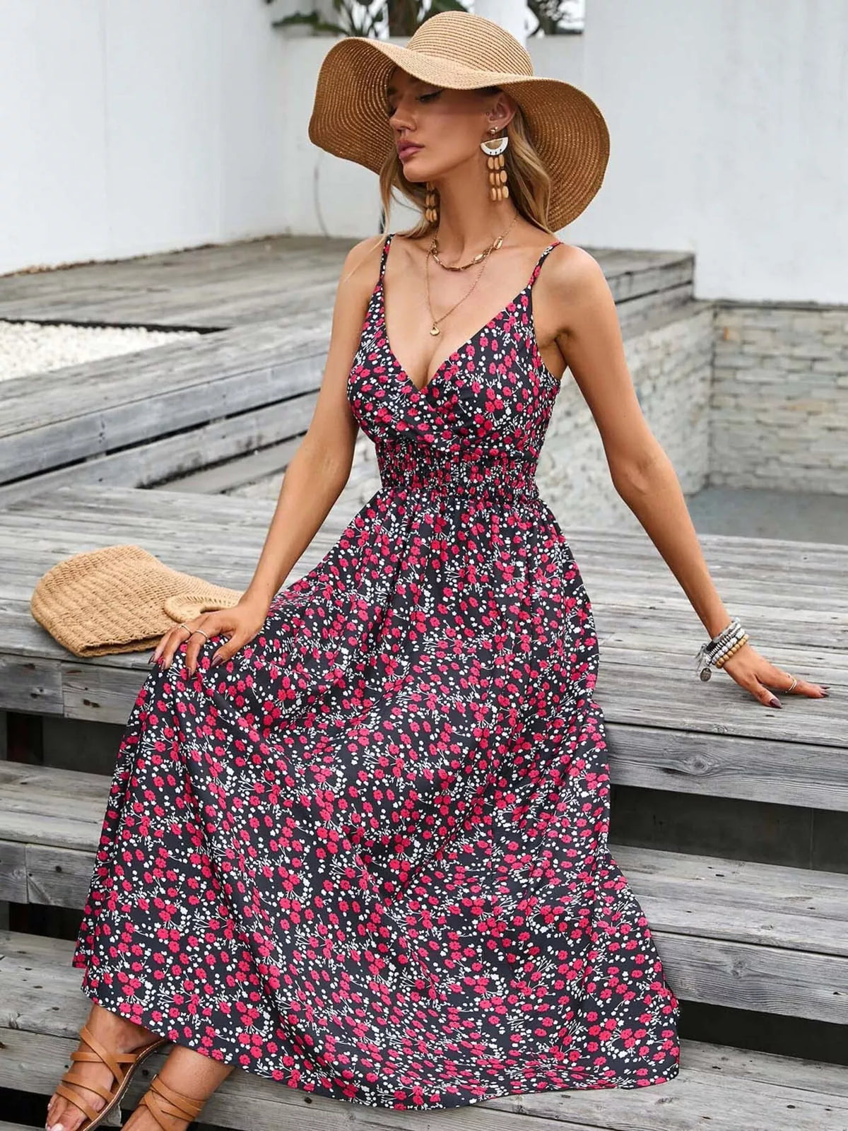 Smocked Paisley Midi Dress