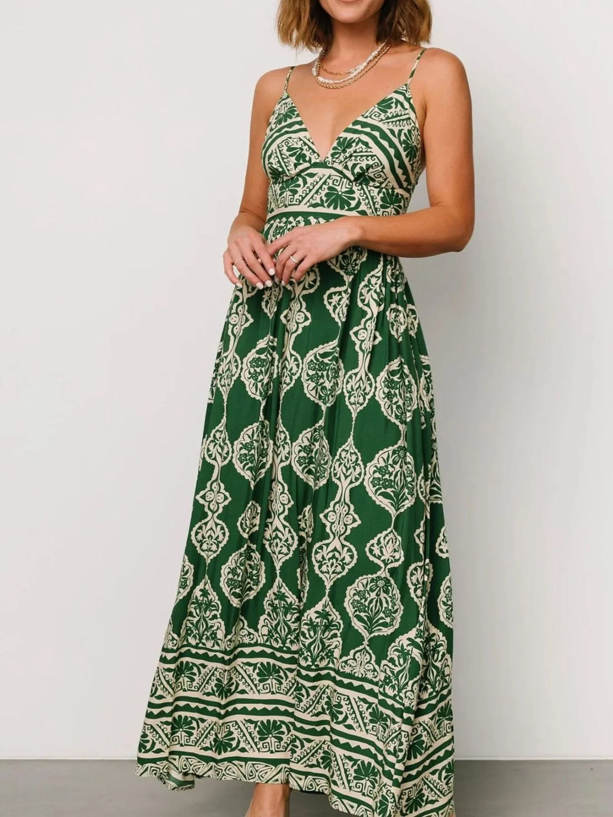 Printed V-Neck Maxi Cami Dress in Matcha Green