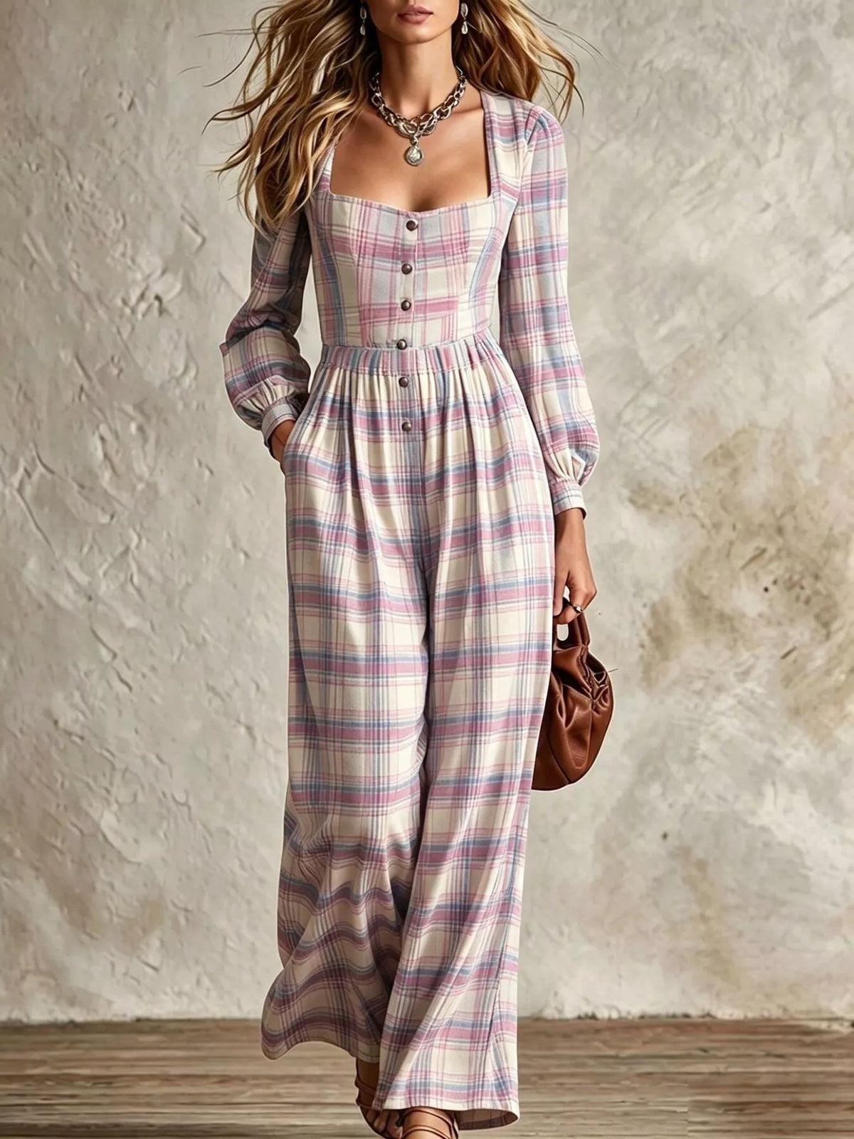 Plaid Square Neck Long Sleeve Wide Leg Jumpsuit