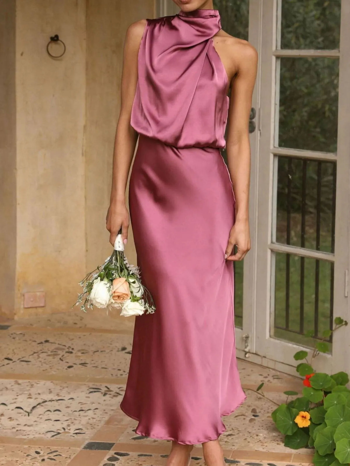 Twisted Asymmetrical Ruched Midi Dress