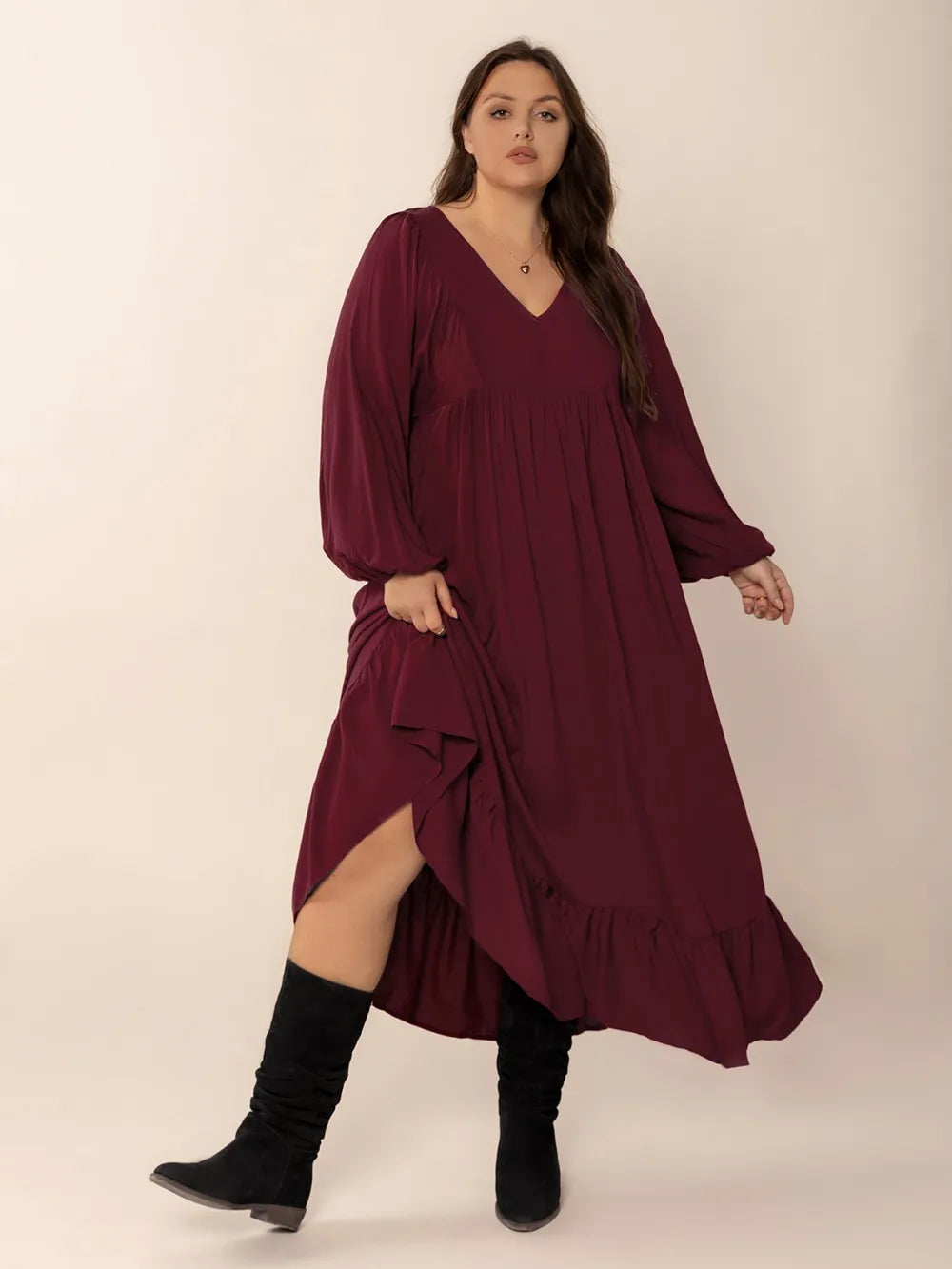 Ruffled Hem V-Neck Balloon Sleeve Dress in Burgundy
