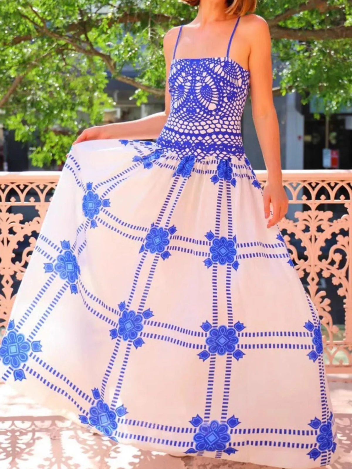 Printed Square Neck Maxi Cami Dress in Blue